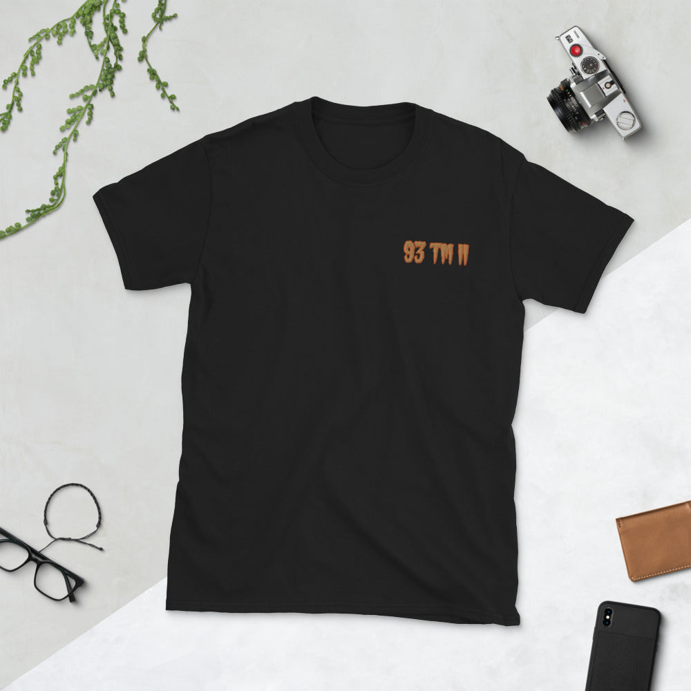 93 TM 11 Softstyle T-Shirt ( Old Gold Letters & Orange Outline )