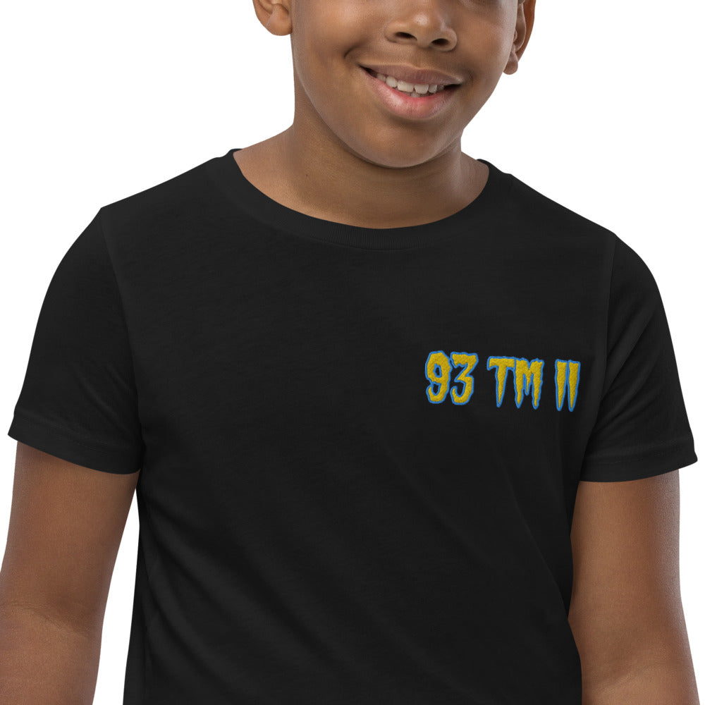 93 TM 11 Youth Short Sleeve T-Shirt ( Yellow Letters & Powder Blue Outline )